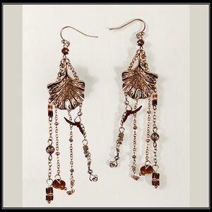 GOLD LONG NATURAL HIPPIE WICCAN BRONZE CHAIN WOOD FERN BOHO EARRINGS